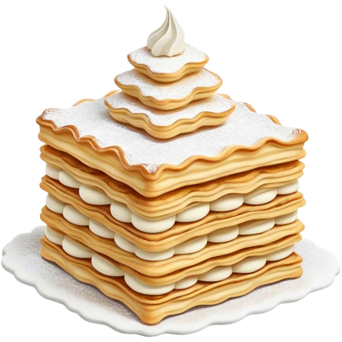 Cinematic Realistic Mille-Feuille Dessert Emoji, depicted as layered puff pastry with rich cream and a dusting of powdered sugar rendered with intricate textures and elegant, soft lighting. emoji
