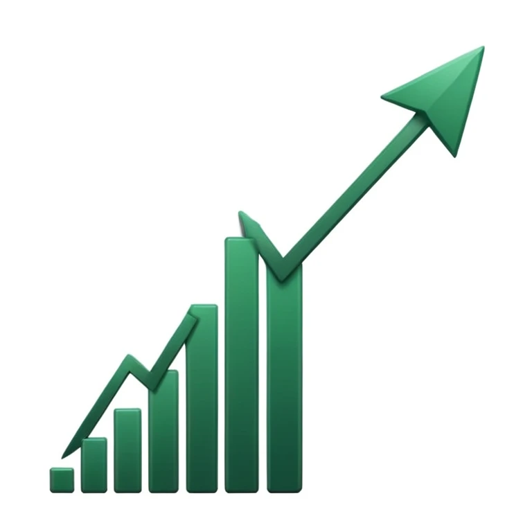 growth chart with white bars and dark green shadows and details, dark green arrow, minimalistic style, no emojis or faces, iOS emoji style emoji