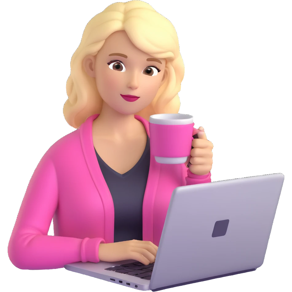 blonde woman in a pink cardigan focused on a laptop with a coffee cup beside her emoji