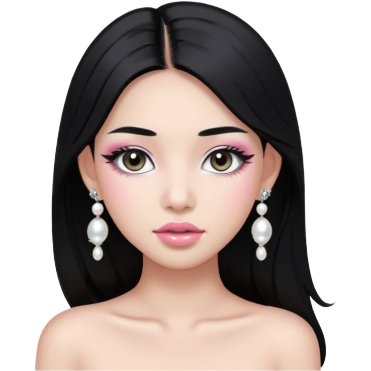 asian long black hair silver grey eyes glossy lips glittery white and light pink eyeshadow girl pearl earrings emoji