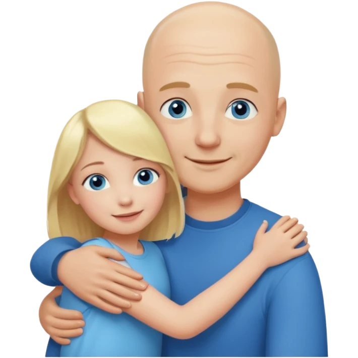 Blonde girl child, blue eyes and happy expression, hugging bald young adult father emoji