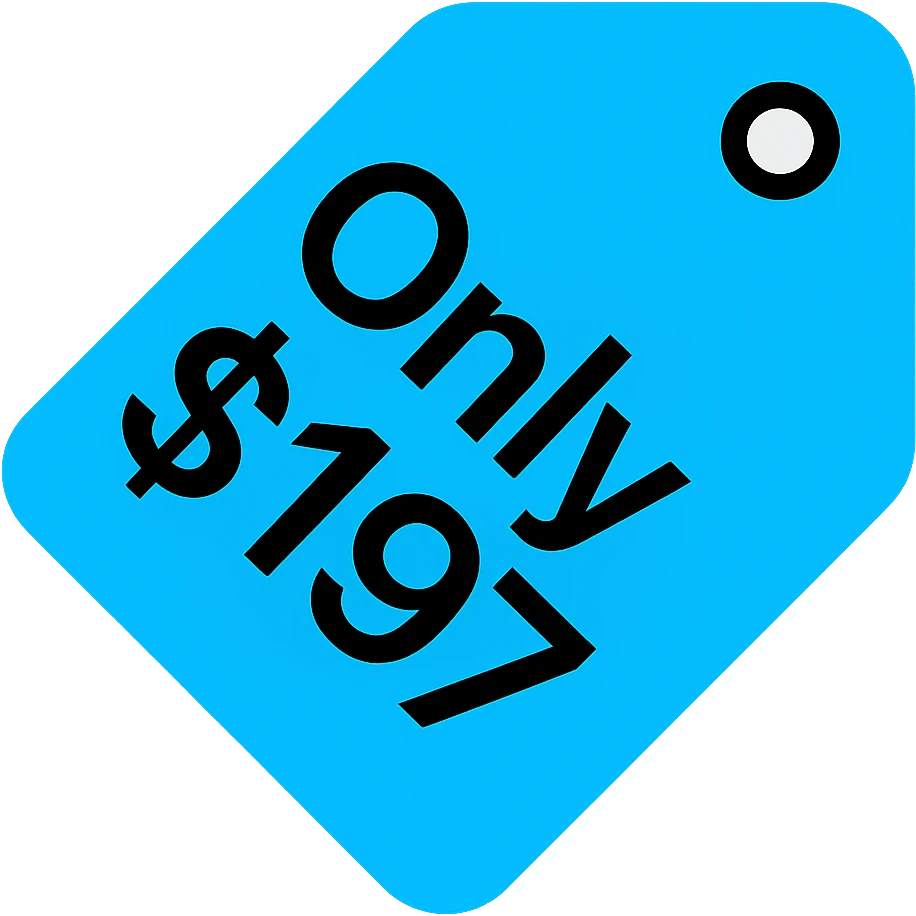 Change the colors of the price tag icon to cyan and black. Keep the text 'Only $197'. Use a modern and bold style in line with the color icon style. emoji