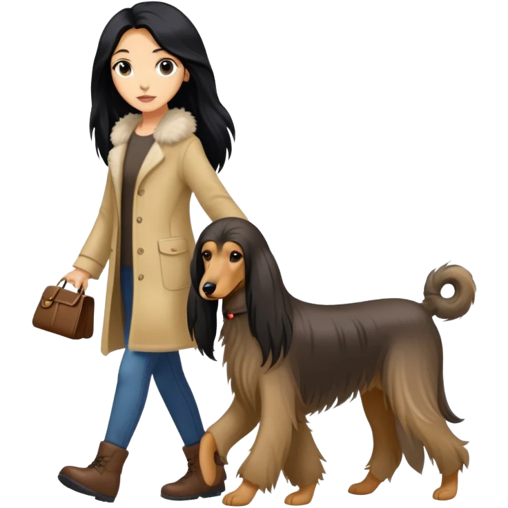A girl with long black hair walking an Afghan hound emoji