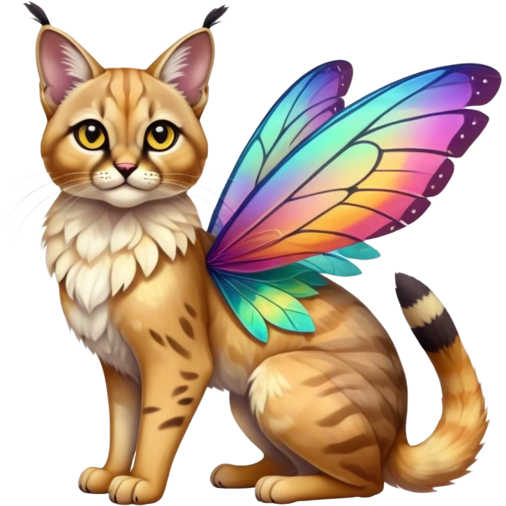Colorful exotic iridescent tropical shiny Fantasy-Siamese-Bobcat-Caracal-Moth-Scottish-Fold-feline-Fakémon-feline-hybrid (full body) emoji