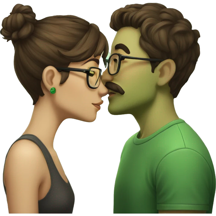 A heavy set boy with brown hair and a mustache is kissing a green haired girl who is thin and wearing glasses both have tattoos emoji