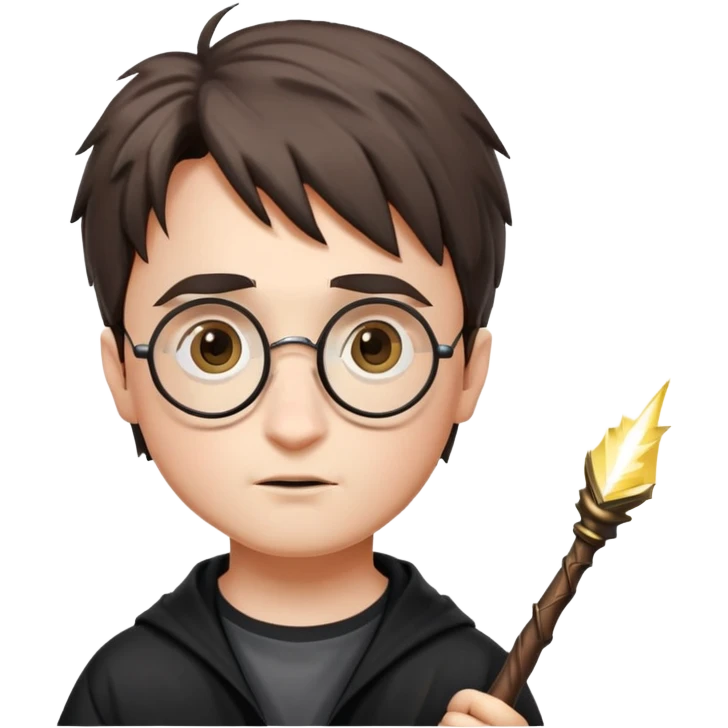 Harry Potter with round glasses, lightning scar, and wand emoji