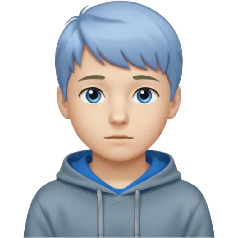 Teen boy with blue eyes and Grey hoodie standing up with blond short hair and short bangs emoji