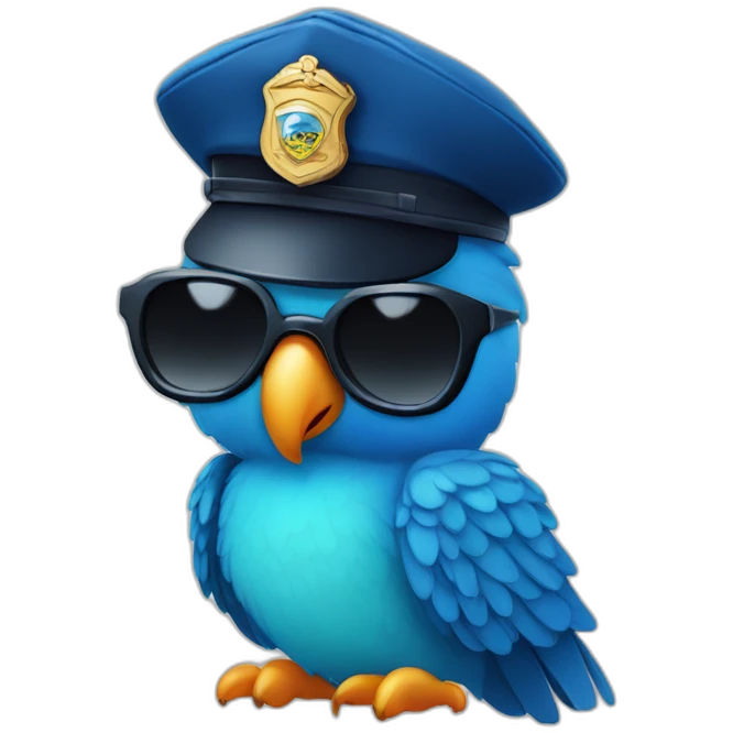 close up view of cute blue parrot in police hat and dark glasses emoji