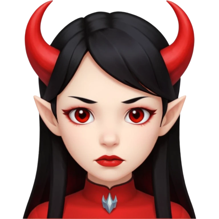 Head only demon girl; face with pronounced cheekbones and angular jaw; skin is uniform pure red (#FF0000) everywhere; long straight smooth black hair; small horns emoji