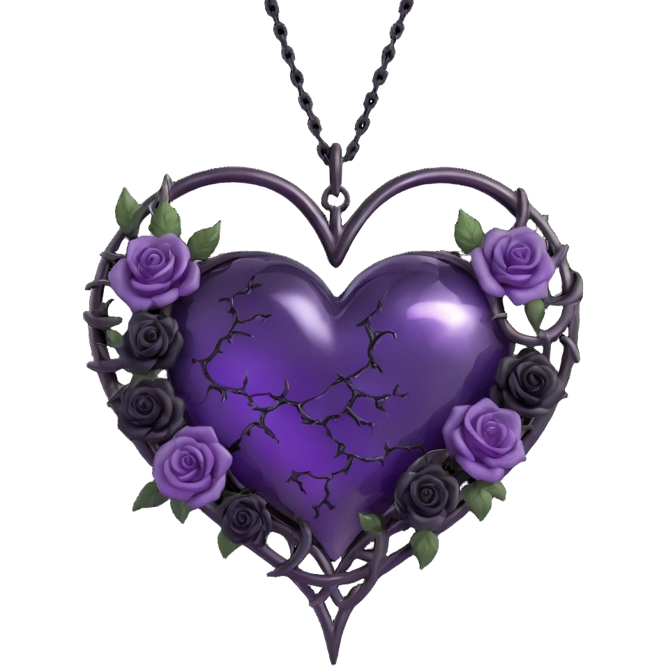 3D emoji gothic heart, purple glass, crescent moon with chain, black roses forming a spiral, subtle lightning, light drizzle, cracked glass with silver highlights emoji