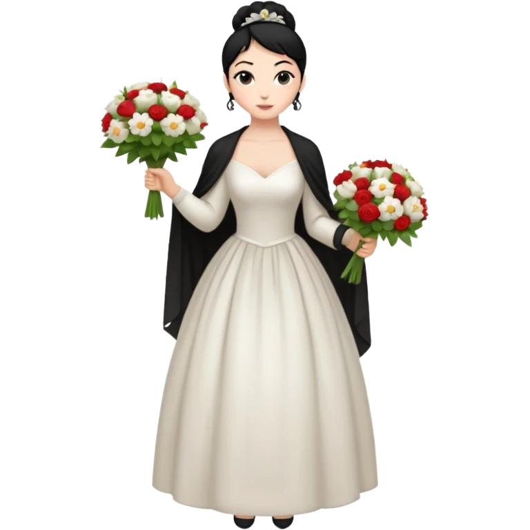 Chica blanca,cuerpo entero, vestido boda ,manga larga ,con estola, pelo negro,    ramo de flores una mano, pelo recogido en moño alto emoji
