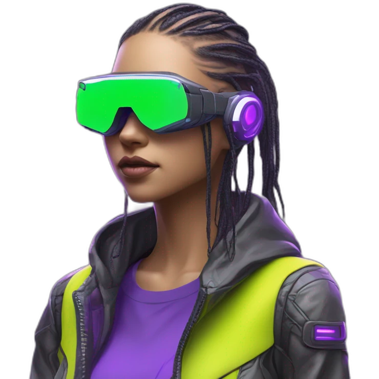 3D Emoji of a techwear Futuristic streetwear metaverse high tech clothes Lemon green and purple neon READY PLAYER ONE matrix Cyberpunk emoji
