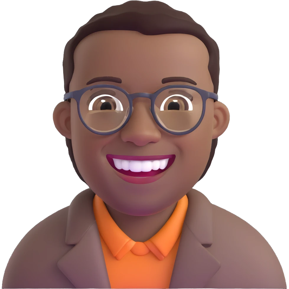 smiling black man with glasses, big teeth, standard male haircut, rural farmer, oval face emoji