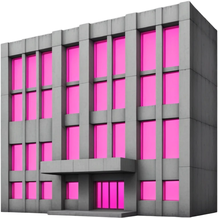 Concrete block building in brutalist style with one pink neon window and several standard windows emoji