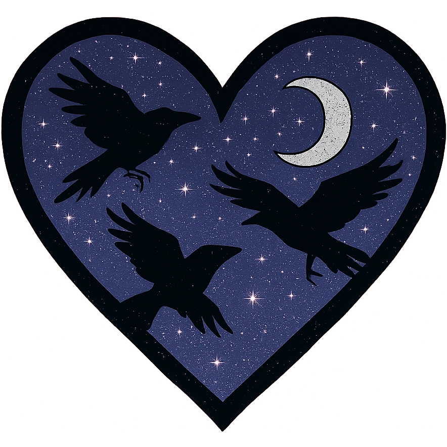 emo heart with night sky and dark ravens, remove background, pink emoji