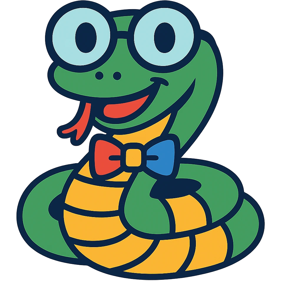 Add a colorful bow tie to the nerd snake with round glasses, keep the background transparent. emoji