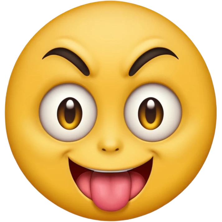 A yellow round face emoji smirking with its tounge out but the eyes are evil and kind of crazy and only one of the eyebrows is raised and the other eyebrow is lower and normal emoji