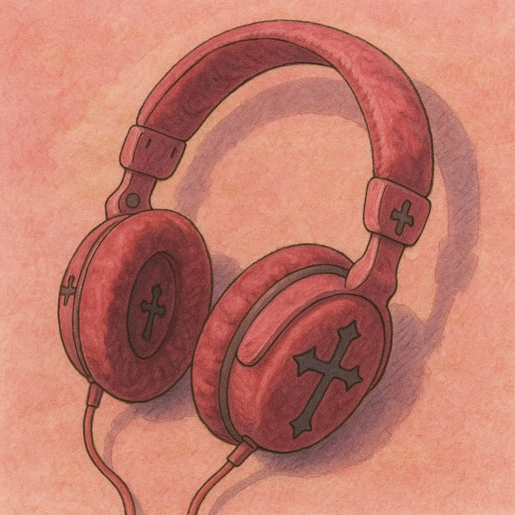 pink gothic headphones with soft shading, cross motifs, and velvet texture emoji