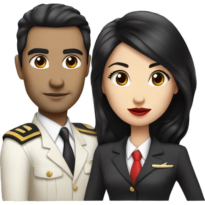Flight attendant with long black hair, red lips and white skin with a pilot man with beige skin and black hair emoji