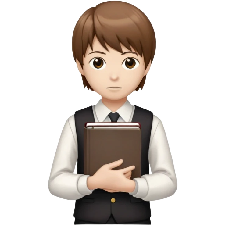 Light Yagami with a Death Note notebook, brown hair, wearing a school uniform emoji