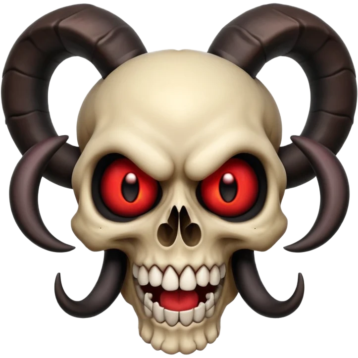 Cartoon skull with large black ram horns, glowing red eyes, big toothy grin, matching attitude and features of reference images, apple emoji style emoji