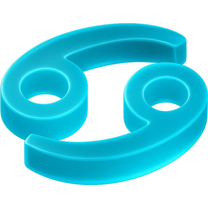 A minimalistic glowing zodiac symbol ♋, centered on a dark cosmic background, symbol color #00d9ff, clean design, modern and luminous emoji