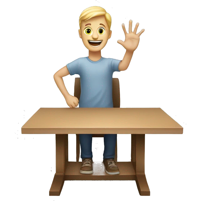 white person sitting on a table and rising hand showing hi emoji