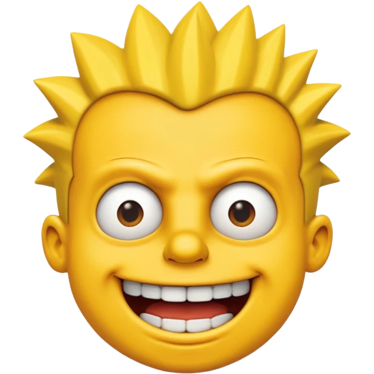 3D emoji head-only, smooth plastic, soft studio light, big round eyes, bold outline, centered, transparent bg,
Bart Simpson, yellow skin, nine short hair spikes, mischievous grin, overbite emoji