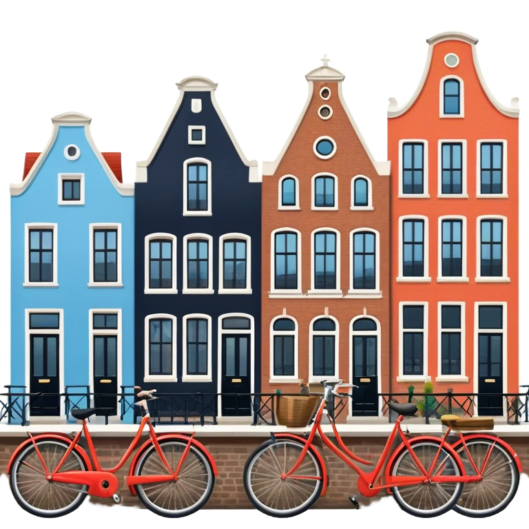 Cinematic Realistic Amsterdam Canal Houses Landmark Emoji, featuring narrow, gabled facades in vibrant colors reflecting on the calm canal waters, with bicycles lining the cobblestone streets. emoji