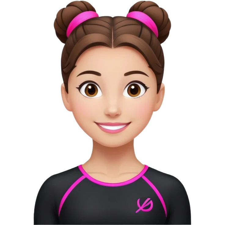 Happy female gymnast with brown hair in a neat bun, wearing a black uniform with neon pink elements. emoji