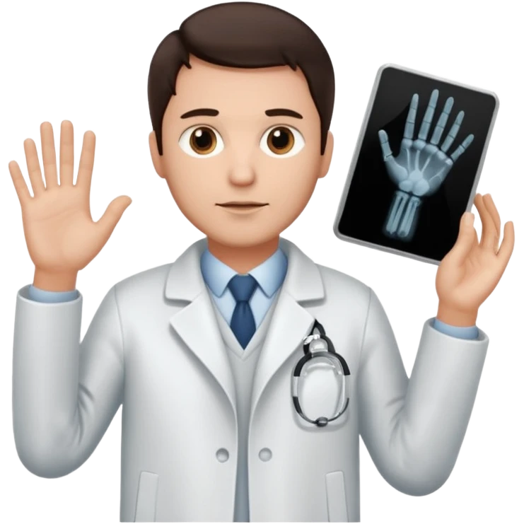 Radiografía de mano sostenida por un hombre con bata blanca  piel clara cabello café obscuro emoji
