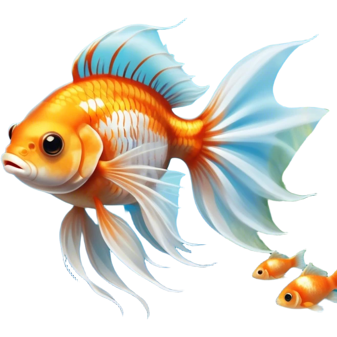 Large aquarium fish like veil tails and lionhead goldfish swimming gracefully in a beautifully decorated aquarium. Colorful aquatic plants, smooth rocks, and gentle bubbles surround the fish. The water shimmers in sunlight, creating a peaceful and vibrant underwater scene. Transparent background. emoji