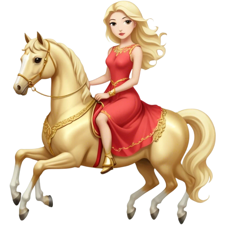 "woman, in long slim pastel red", rides "horse gold and white" emoji