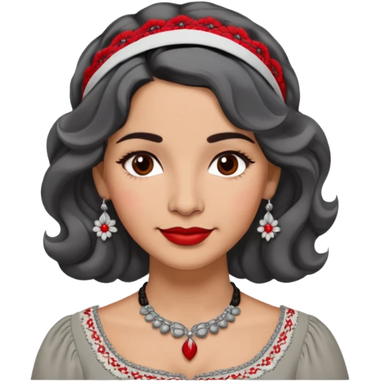 Latina woman, 50s, warm light brown skin, round soft face, wavy black and gray hair, red and white headband, medium eyes, thin eyebrows, gentle smile, gray peasant blouse, decorative embroidery, bare shoulders, large dark necklace emoji