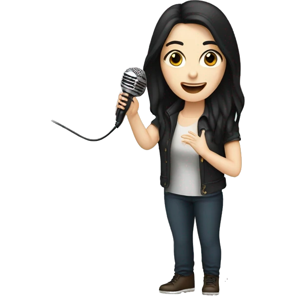 a woman with long black-brown hair, hazel eyes, pale skin, singing into a microphone emoji