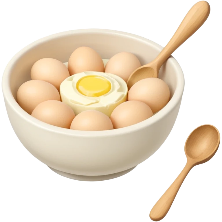 a dozen eggs, a ceramic mixing bowl with a wooden spoon and a plate of butter emoji