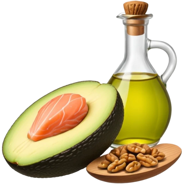 healthy fats like avocado, olive oil, walnuts, and salmon, isolated on white background emoji