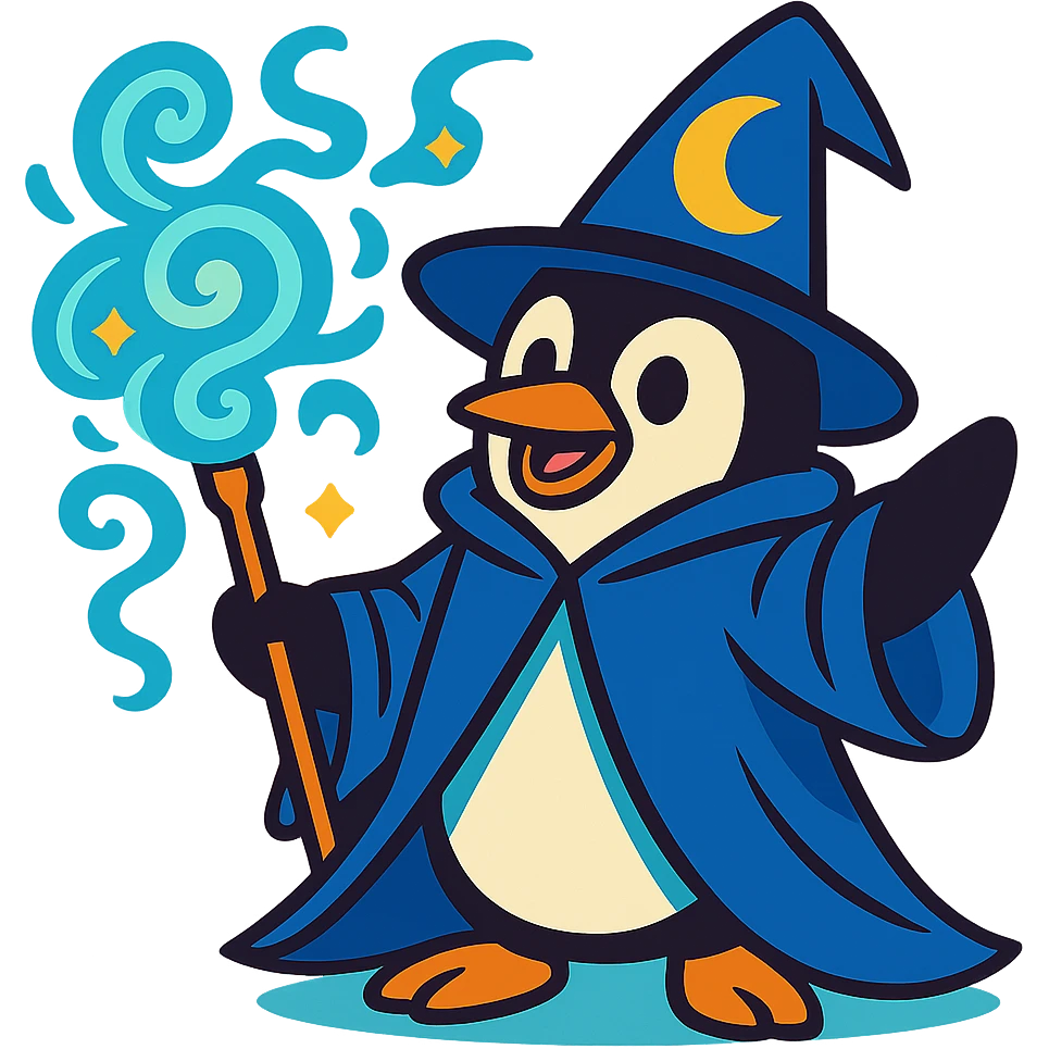 cartoon penguin wizard with a blue cloak, crescent moon hat, and swirling magical energy emoji