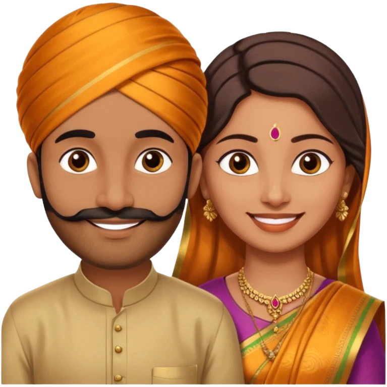 Brown colored South Indian Husband with wheatish colored South Indian wife where Husband does not wear a turban and wife wears a Silk Saree emoji