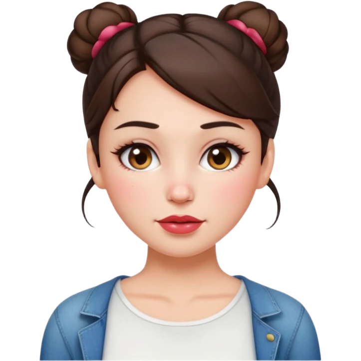 “Emoji brunette girl hair in bun white top, dewy skin, heavy blush across cheeks and nose bridge, glossy cherry lips, soft eyeliner, teary sparkling eyes like hanni from new jeans emoji