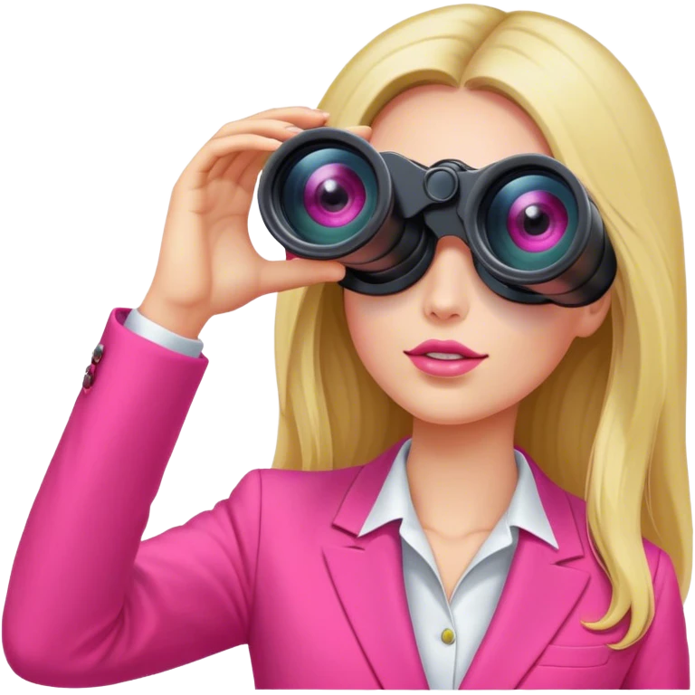 futuristic-looking woman with long hair in an intensive color pink suit looking through two-eyed binocular, viewed from an angled perspective emoji