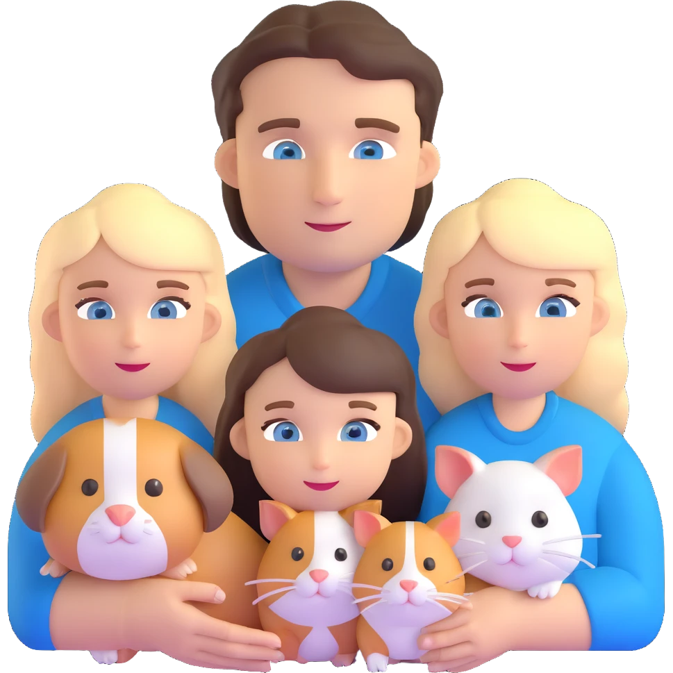 Family portrait with father with dark brown hair and blue eyes, mother with light brown hair and blue eyes, three blonde little girls with blue eyes, plus a cat and two guinea pigs emoji