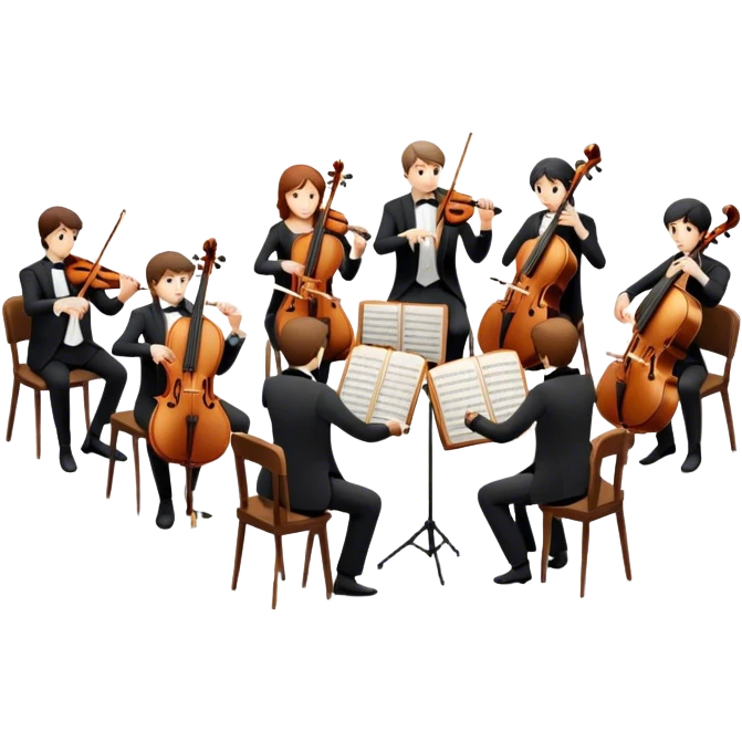 Icon for Classical Music: chamber orchestra with 4-5 musicians playing string instruments (violins, violas, cellos) and a conductor leading the ensemble. The intimate, refined atmosphere. Transparent background. emoji