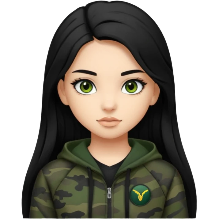 cute teenage girl, cute black trendy athletic clothes, light tan skin, very dark camo green eyes, long black hair, very long eyelashes emoji