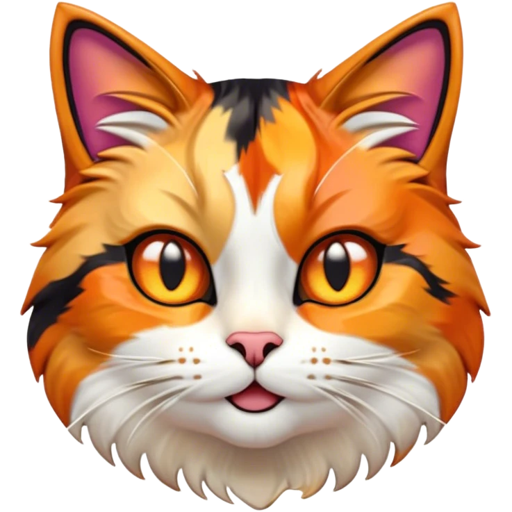 Cinematic Comical Calico Cat Portrait Emoji, Head tilted dramatically with an exaggeratedly surprised expression, showcasing a vibrant patchwork fur of orange, black, and white with wide, comically expressive eyes, simplified yet hilariously detailed, glowing with a sassy, golden radiance, high shine, exuding playful mischief and cheeky feline attitude, styled with a soft glowing outline, capturing the essence of a calico cat that looks ready to leap off the screen with mischievous flair! emoji
