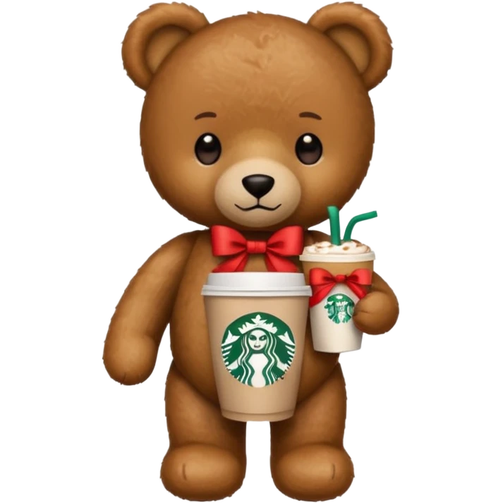 smooth texture teddy bear with red ribbon and starbucks coffee emoji