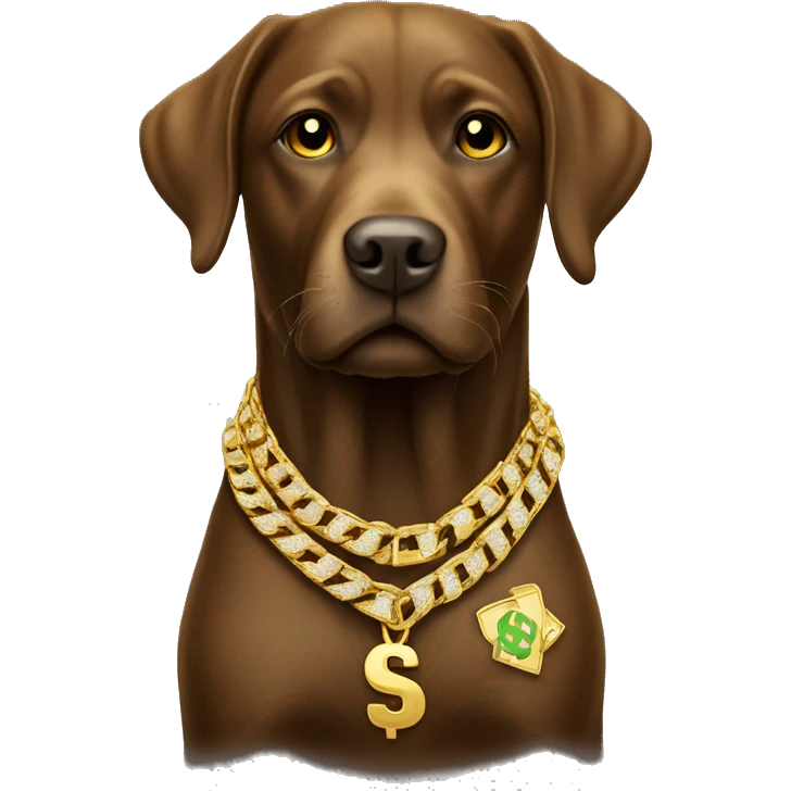 brown labrador with a golden thick necklace like a rapper with a dollar sign in gold iced out with diamonds emoji