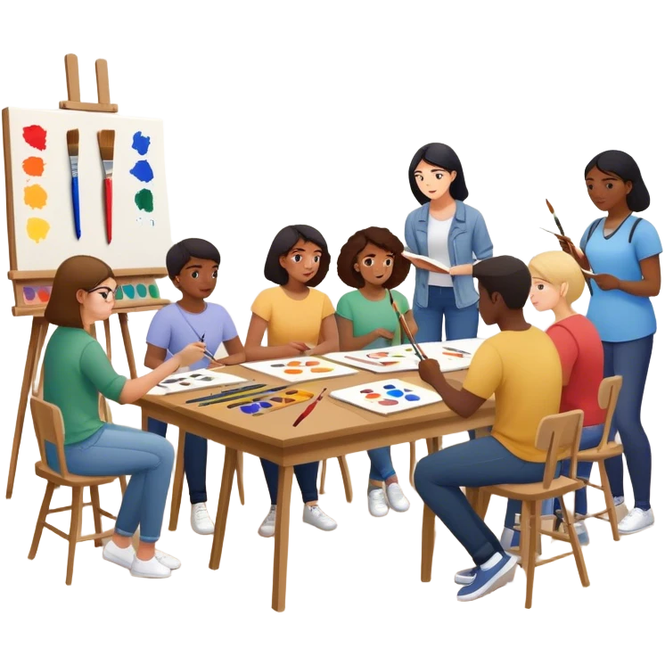 a group of people sitting around a table, with paintbrushes, canvases, and art supplies visible. In the center teacher or instructor demonstrating drawing techniques while students are actively drawing or listening emoji