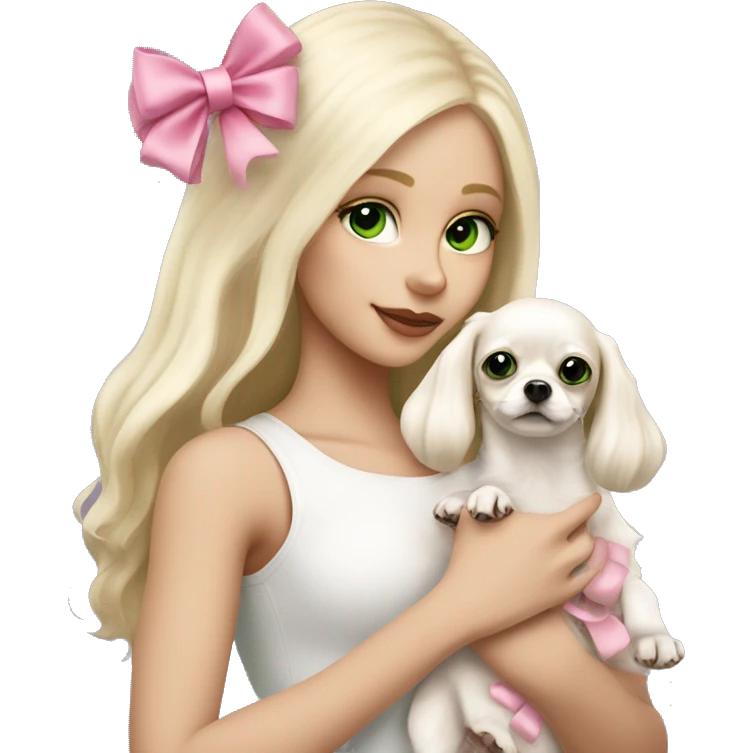 pale blond girl with long platinum hair with green eyes holding a white chihuahua puppy that wearing a pink bow emoji
