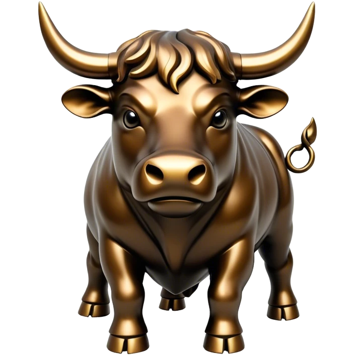 wall street bull, bronze statue, black in color and with a shiny and hard metal emoji